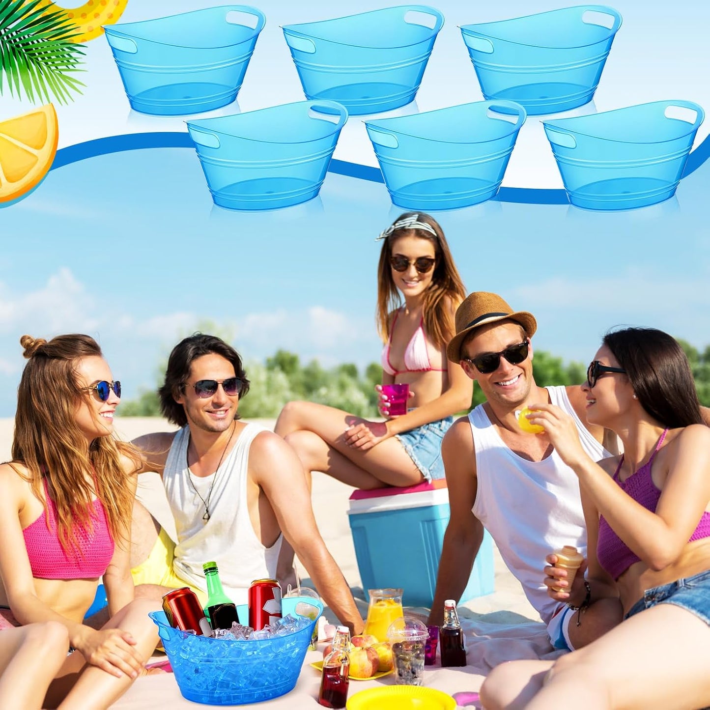 meekoo 6 Pcs Plastic Ice Buckets Bulk with Handles 4.5L Oval Storage Tub Large Capacity Ice Drink Bucket for Party Bar Wine Beer Champagne Beverage Bottle Cooler (4.5 L,Orange)