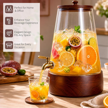 Glass Drink Dispenser with Spigot, 1.72 Gallon Beverage Dispenser for Parties, Acacia Wood Stand, Silicone Protection Mat & Cleaning Brush, Beverage Server for Lemonade, Juice, Iced Tea, Sangria