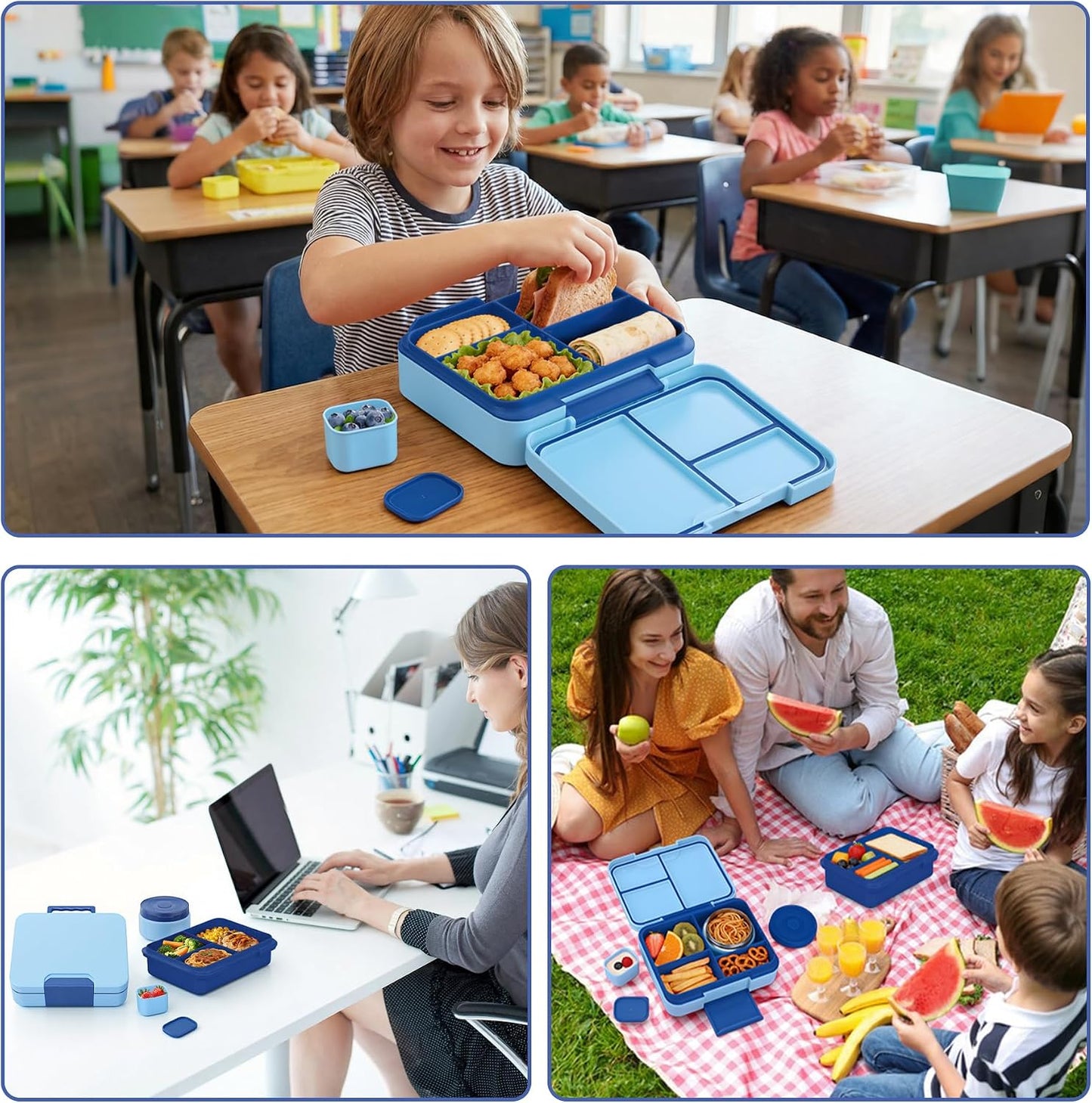 Kids Bento Lunch Box Set with 9.5oz Soup Thermo, Leak-Proof Lunch Food Containers with 3 Compartment and Removable Inner Tray, Insulated Hot Food Jar with Lunch Bag for School, Office, Sea Blue