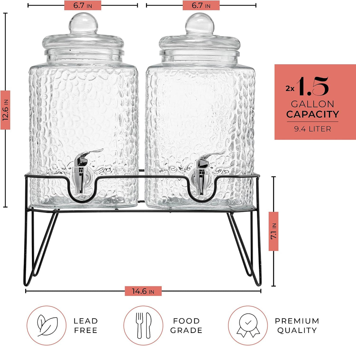 Style Setter Premium Glass Drink Beverage Dispensers - 1.5 Gal, Set of 3 | Dispenser Set with Metal Stand for Parties Cold Drinks, Lemonade, Cocktails, Juice – Party Glass Drink Dispenser Station