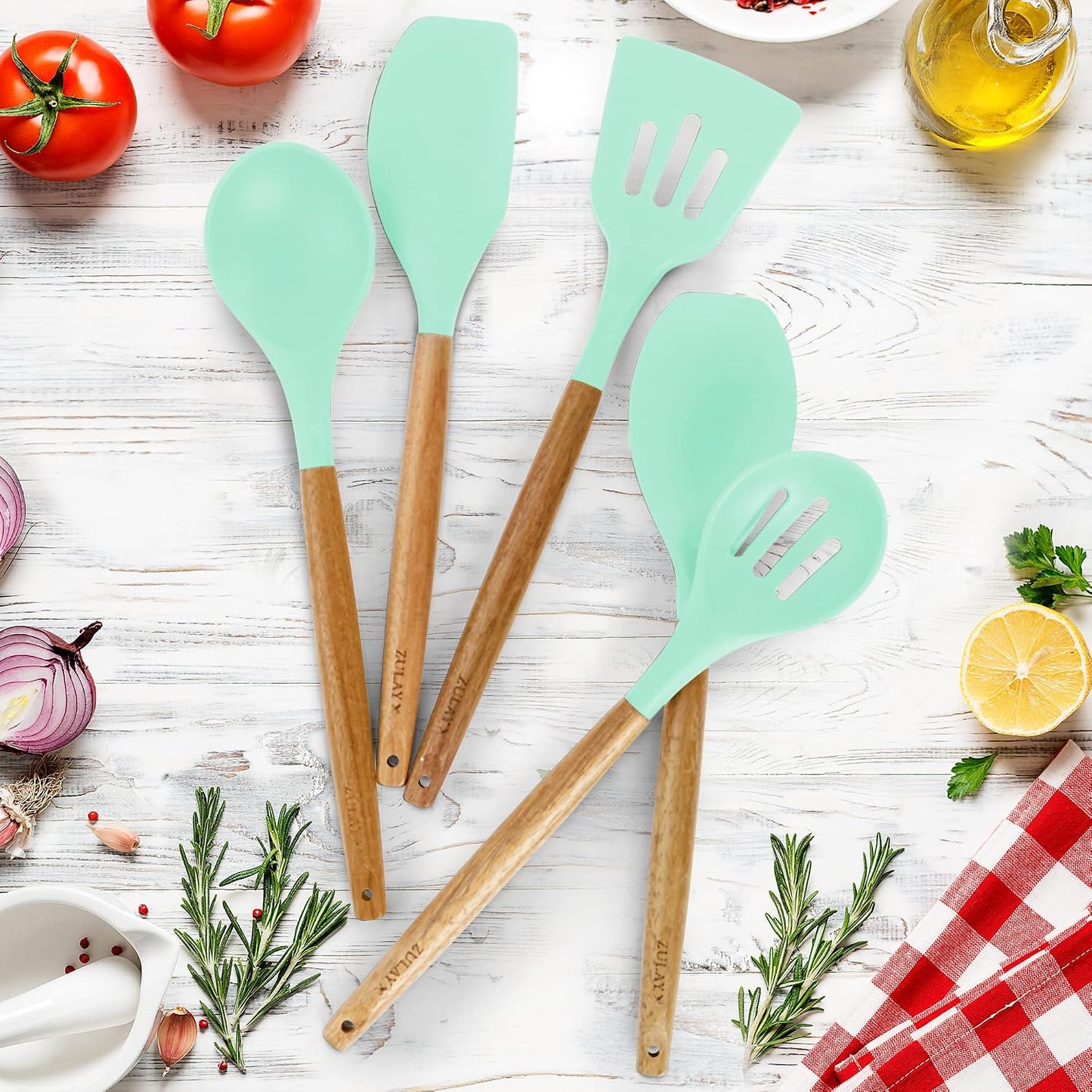 Zulay Kitchen Utensils Set Non-Stick Silicone Cooking Utensils Set with Authentic Acacia Wood Handles - 5 Piece Silicone Utensil Set - Kitchen Utensils Set with 464°F Heat Resistance - Gray