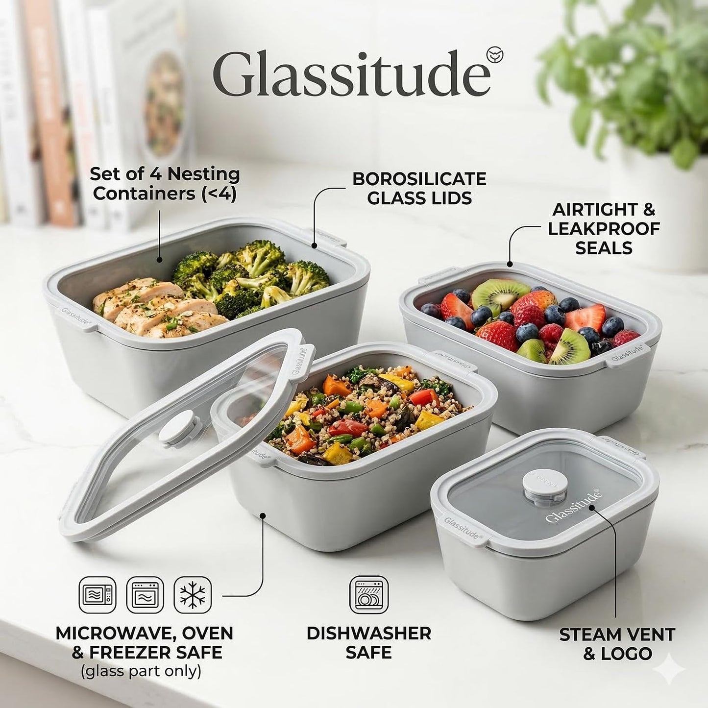 Glass Food Storage & Meal Prep Container Set of 4 with Airtight Glass Lids, Leakproof, 3 Free Straps, Oven, Microwave Safe, BPA & Plastic-Free