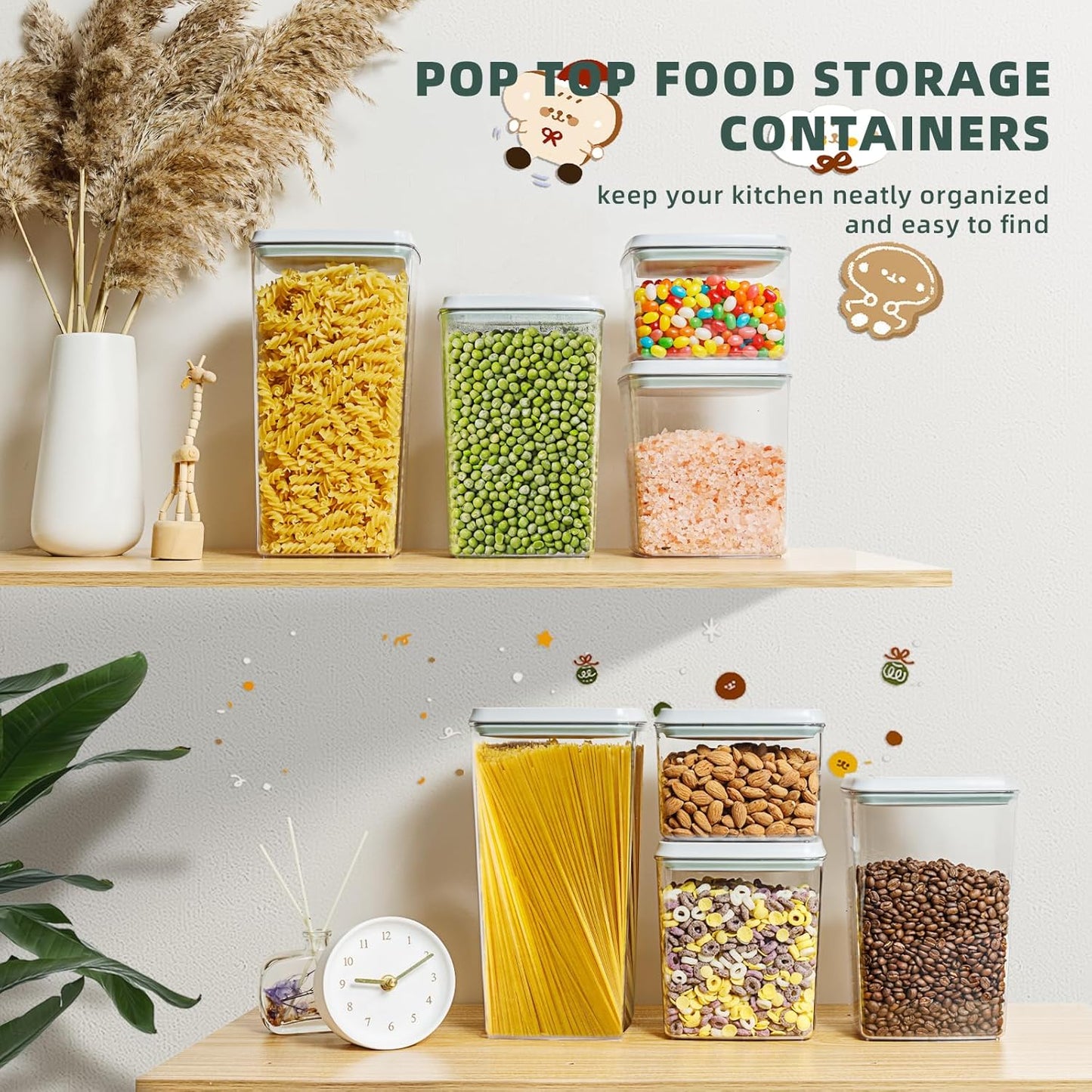 Airtight Food Storage Containers, 4-Piece Set, 1.3-3.5 Qt, Pop-Top Lids | Clear Stackable Pantry Jars for Flour, Sugar, Cereal, Oats, Pasta, Snacks, Baking Ingredients and Small Kitchen Organization
