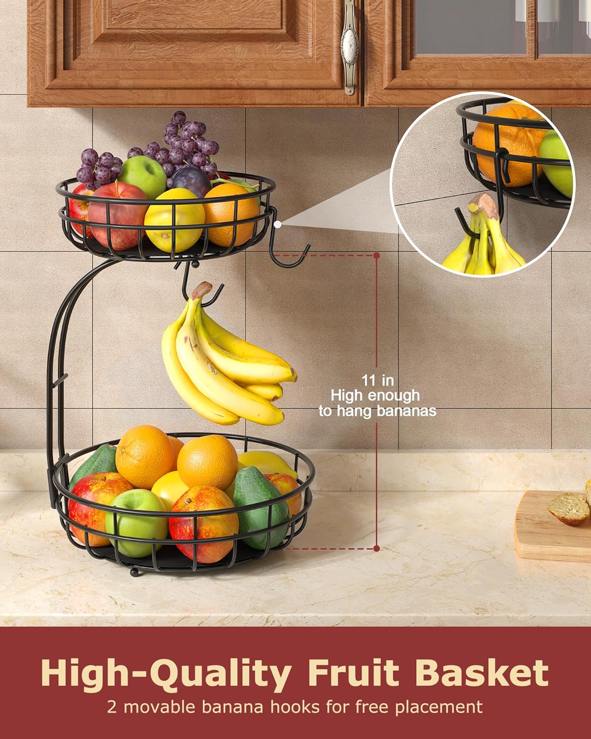 Sevenblue 2 Tier Large Fruit Basket for Kitchen Counter with Removable Banana Hanger - Sturdy Iron Fruit Bowl for Kitchen Counter and Vegetable Holder, Fruit Holder for Home Decor, Black
