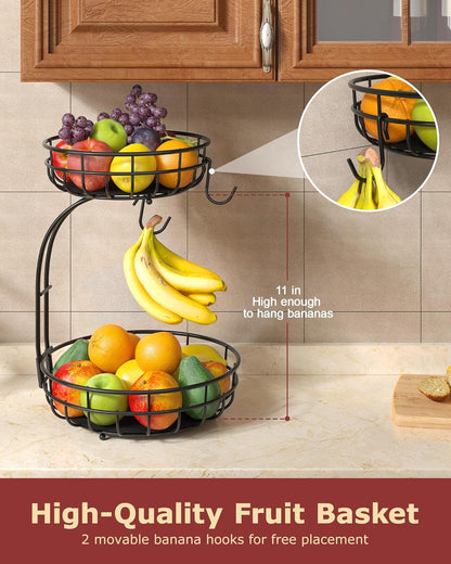 Sevenblue 2 Tier Large Fruit Basket for Kitchen Counter with Removable Banana Hanger - Sturdy Iron Fruit Bowl for Kitchen Counter and Vegetable Holder, Fruit Holder for Home Decor, Black