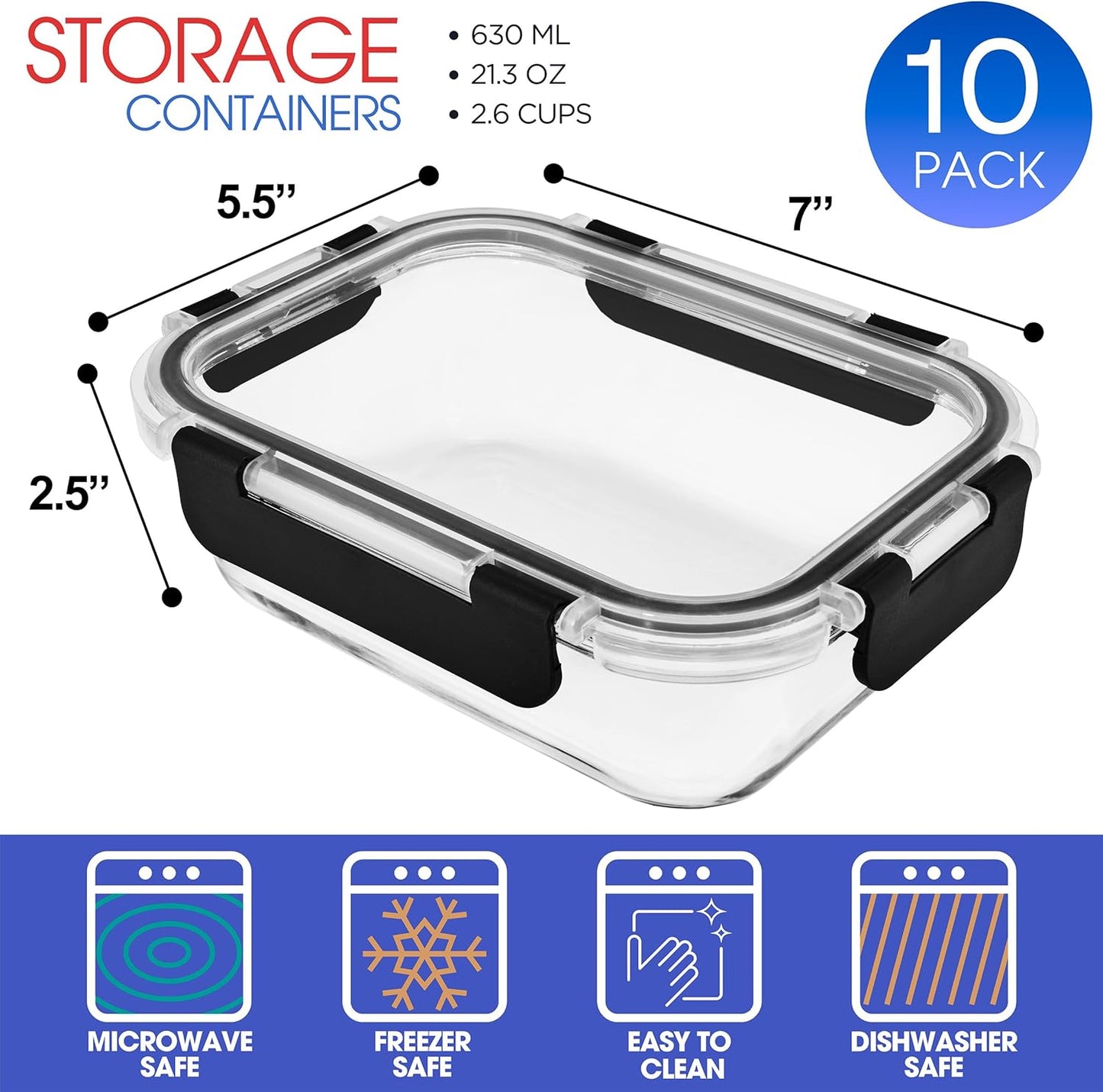Sorbus 16pc (8 Rectangular 35oz Food Storage Containers and 8 Airtight Lids) – 4.4 Cup Glass Meal Prep Containers, Dishwasher, Freezer, and Oven Safe – Reusable Glass Food Containers for Meal Prep