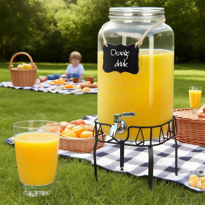 1 Gallon Glass Drink Dispensers for Parties, 2PACK Beverage Dispenser with Stand, Ice Cylinder and Stainless Steel Spigot 100% Leakproof, Beverage Dispenser for Lemonade Sun Tea