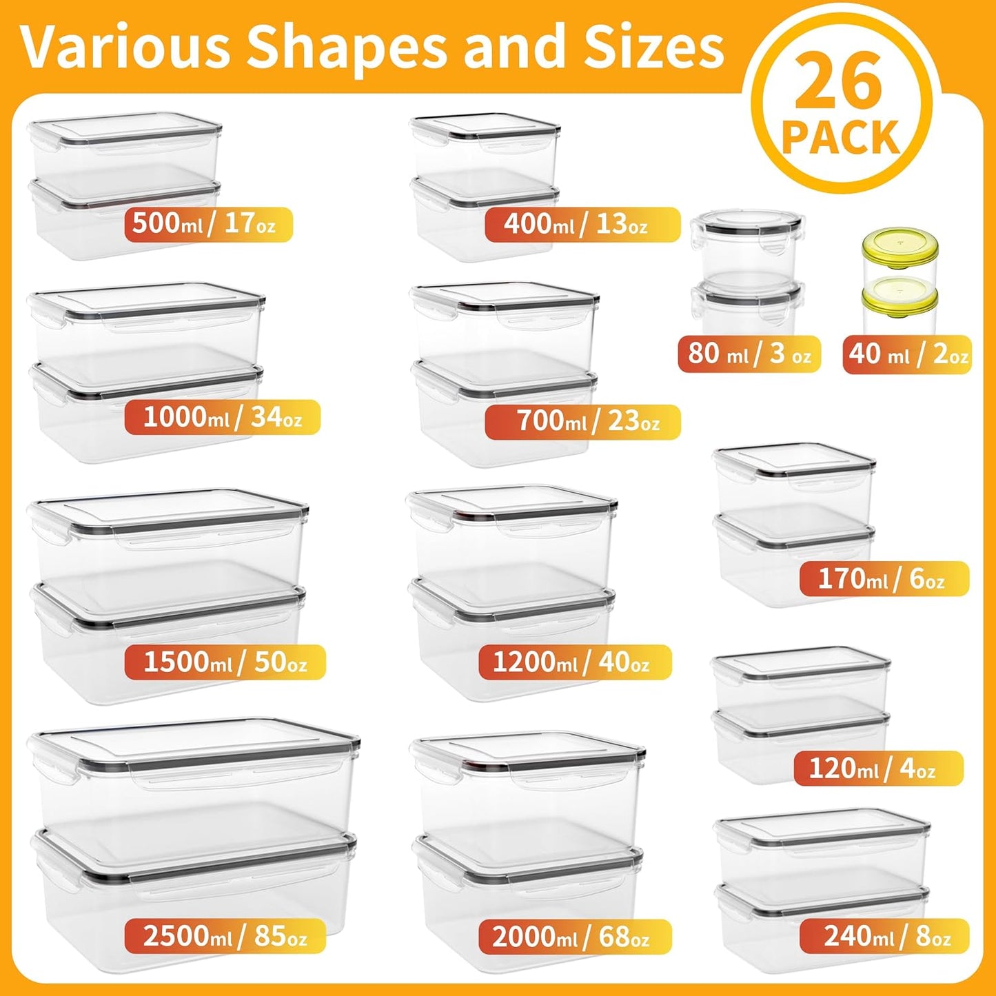 40 PCS Plastic Food Storage Containers with Lids Airtight, BPA-Free Leakproof Meal Prep Containers Reusable,Microwave & Dishwasher & Freezer Safe,Includes Labels & Pen