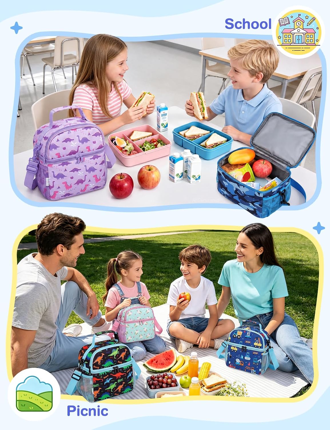 VASCHY Lunch Box Bag for Kids, Insulated Double Compartments Cooler Lunch Tote for Toddlers Boys Girls School/Daycare/Picnic Black Dinos