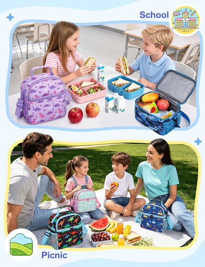 VASCHY Lunch Box Bag for Kids, Insulated Double Compartments Cooler Lunch Tote for Toddlers Boys Girls School/Daycare/Picnic Black Dinos