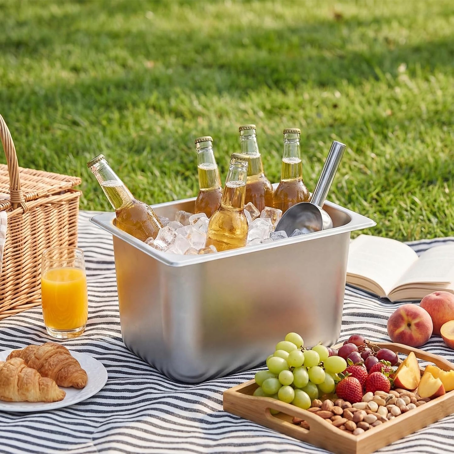meekoo 3 Pcs 14L Portable Ice Bin and Metal Scoop Set, Insulated Party Ice Bucket Stainless Steel Beverage Tub Storage Container Food Scoops for Freezer Cocktail Bar Party Barbeque Camping