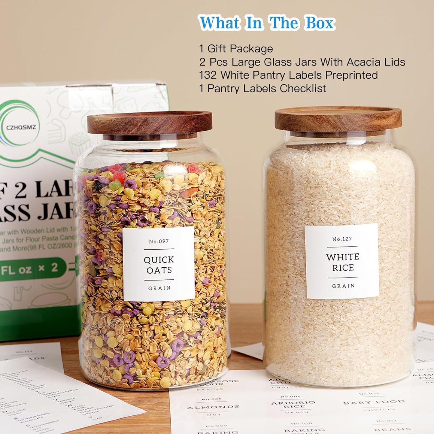 CZHQSMZ Set of 2 Large Glass Flour and Sugar Containers with 132 Pantry Labels - Glass Food Storage Jars with Airtight Bamboo Lid for Flour Pasta Candy Coffee Cookie and More(1 Gallon/4000 ml)