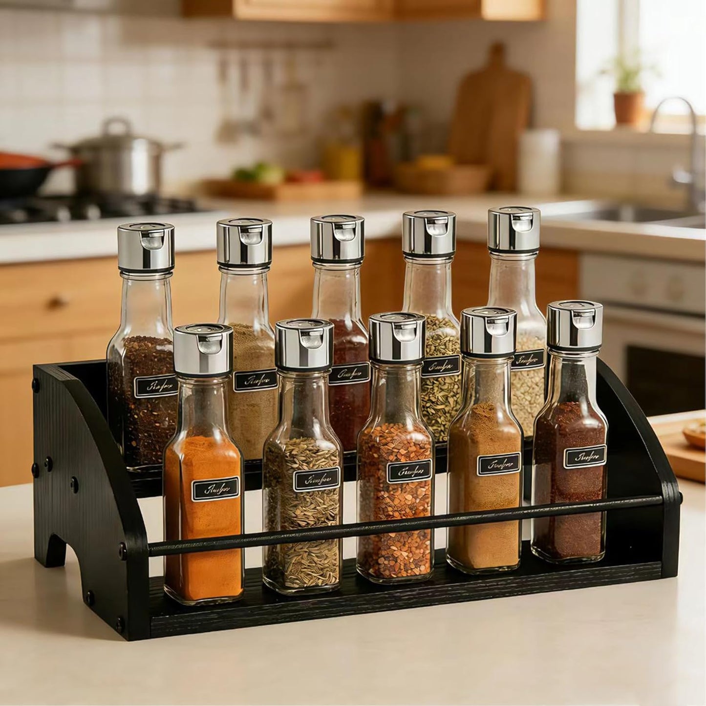 Countertop Liquor Bottle Organizer Shelf, 3-Tier | Rustic Display Rack, For Wine & Coffee Syrups, Freestanding Bar and Kitchen Storage, Easy-Carry Handles