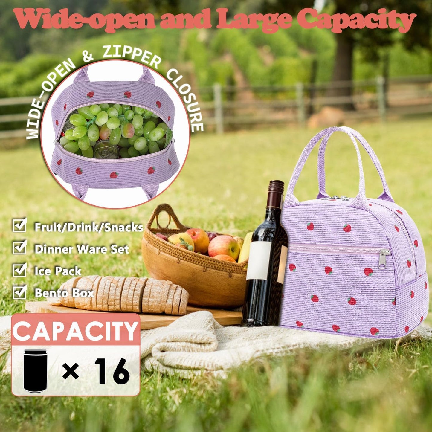 GYEUKHAM Lunch Bag Women, Lunch Box for Adult Men Kids Girls, Small Cute Lunchbox Tote Large Capacity Insulated Lunch Container Cooler for Work School Picnic Travel, Black White Stripes