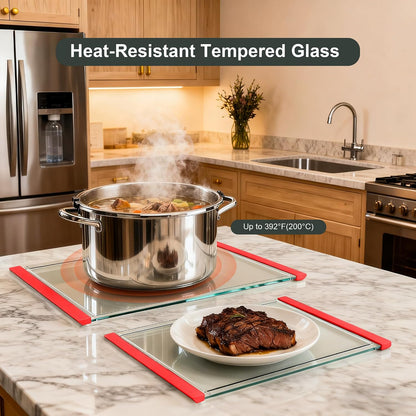 Tempered Glass Cutting Board Set for Kitchen Counter - Dishwasher Safe with Juice Grooves, Non-Slip Silicone Edges & Beveled Grip - 16"x12" & 12"x8" Serving Tray (Blue)