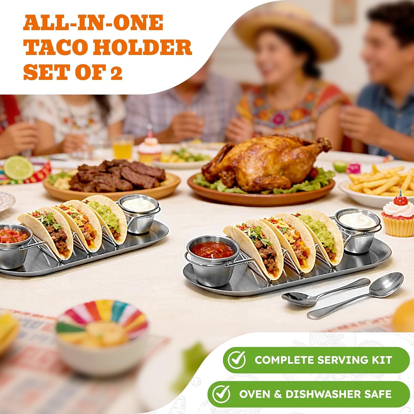 Stainless Steel Taco Holder Tray Set of 2, Taco Rack Holds 3 Tacos Each with Serving Tray, Sauce Cups & Spoon, Oven & Dishwasher Safe for Taco Night & Parties (Gold-2 Pack)