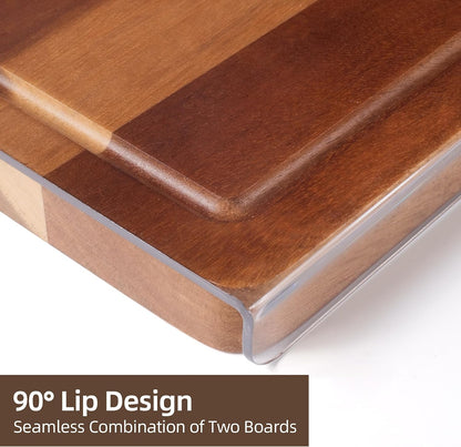 Cutting Board Set of 2 – Checkered Wood & Acrylic Cutting Board with Counter Lip for Kitchen Counter, Wood Checkerboard Chopping Board with Juice Grooves for Vegetables, Fruits, Meat