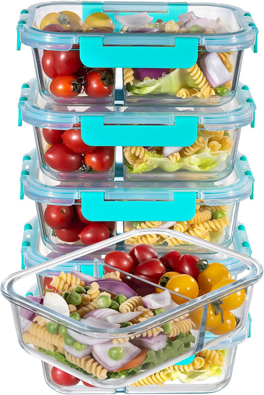 MFY 5-Pack 36 OZ Glass Storage Containers with Lids - 2 Compartment Meal Prep Set, Airtight Glass Lunch Containers, Microwave, Oven, Freezer & Dishwasher Safe, Gray