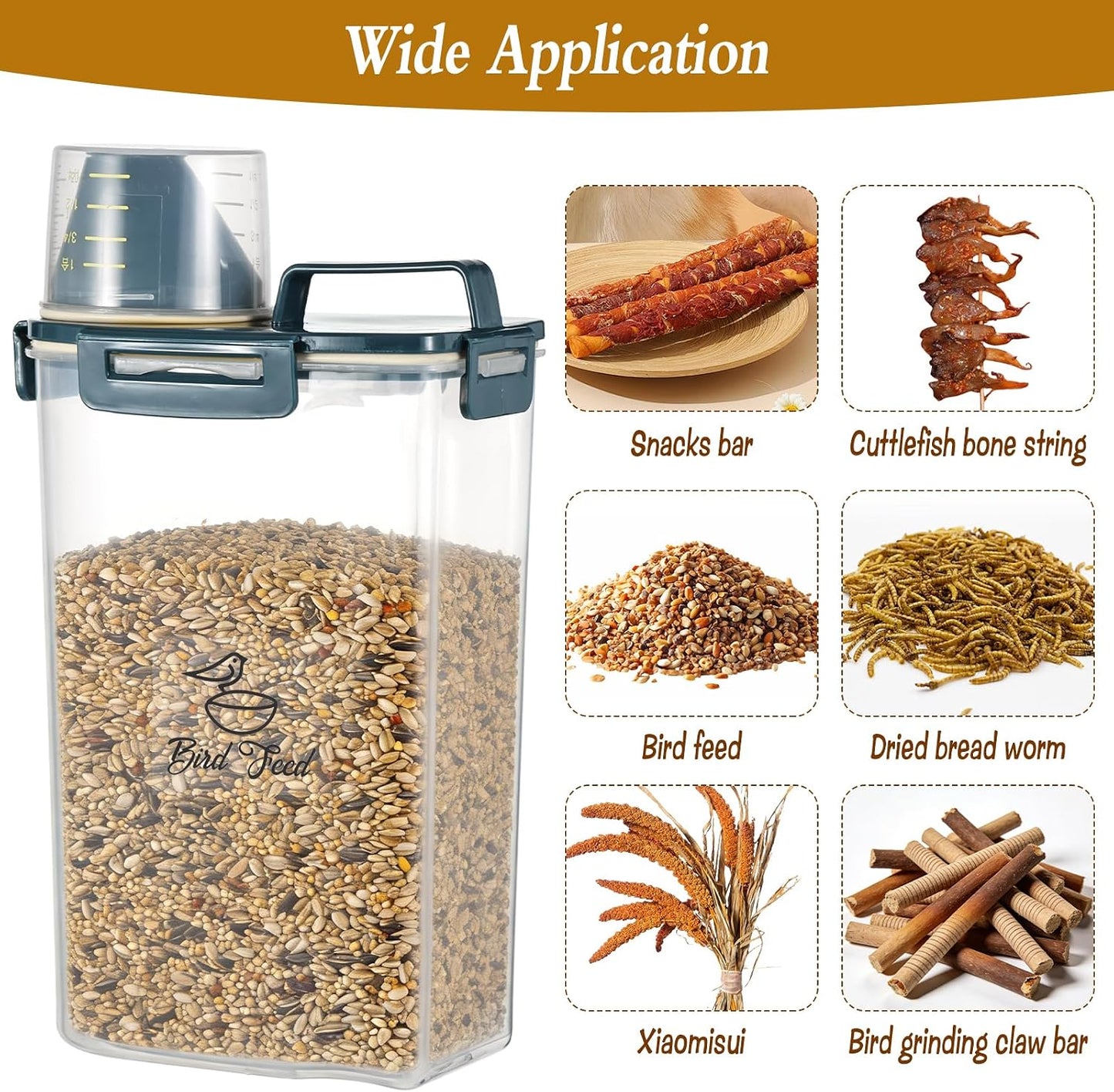 2 Pcs 3.17 Qt/3 L Bird Seed Storage Container Airtight- Portable Bird Food Container with Airtight Measuring Cup, Clear Pet Parrot Seed Dispenser for Birds Food Chicken Feed Storage, Blue Lid