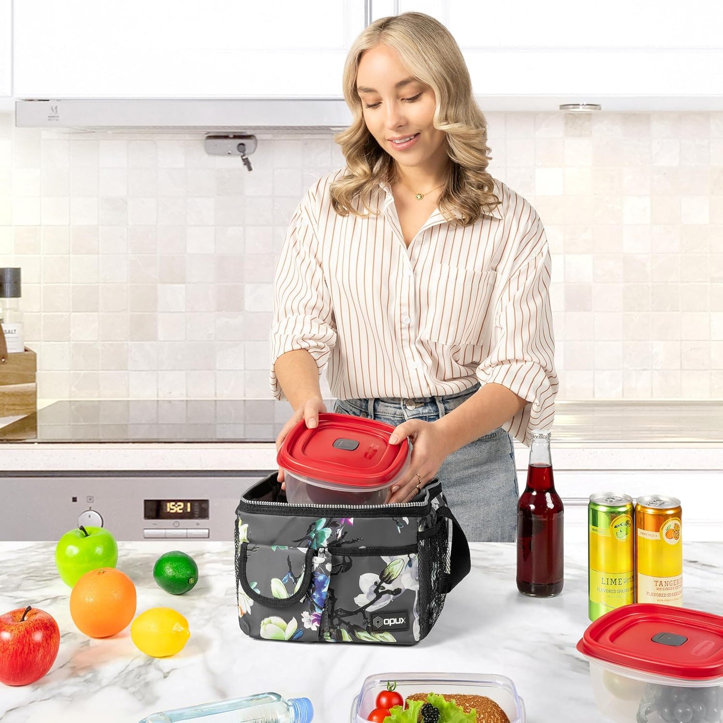 opux Insulated Lunch Bag for Men Women, Leakproof Black Lunch Box for Work, Portable Soft Lunch Cooler Bag with Shoulder Strap, Adult Lunchbox Lunch Pail for Kid Boy Girl School, 14 Can/8L