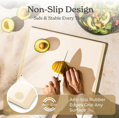 SMIRLY Plastic Cutting Board Set with Holder 3 Pieces, Non-Slip Dishwasher Safe Chopping Boards for Kitchen (Cream White)