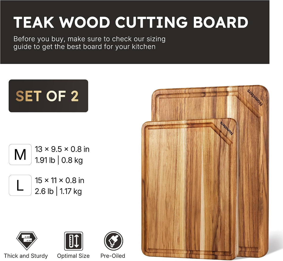 3 Pack Teak Wood Cutting Board Set with Holder Non Slip Over Sink Wooden Chopping Board for Fresh Meat Vegetable Thick Haus Perfect for Charcuterie Juice Groove Kitchen Accessories - FSC Certified