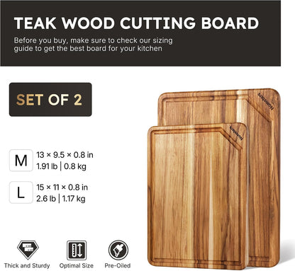 3 Pack Teak Wood Cutting Board Set with Holder Non Slip Over Sink Wooden Chopping Board for Fresh Meat Vegetable Thick Haus Perfect for Charcuterie Juice Groove Kitchen Accessories - FSC Certified