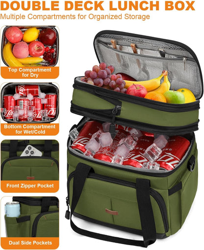 Pritent Lunch Box For Men Women Double Deck Insulated Lunch Bag For Men Woman Leakproof Expandable Cooler Bag with Adjustable Shoulder Strap for Kids Shool Work Picnic Camping(Beige,Large)