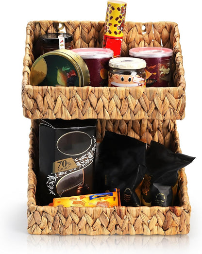 Pumtus 2-tier Handwoven Storage Basket, Water Hyacinth Standing Rack, Kitchen Countertop Organizer, Hanging Bathroom Basket, Fruit Vegetable Holder, Storage Shelf for Home Organization