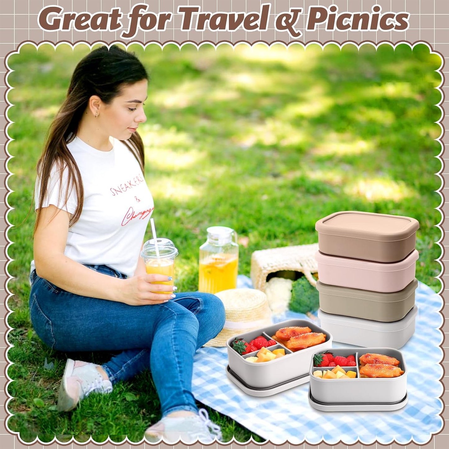 Honeydak 6 Pcs Silicone Bento Box Reusable Silicone Bento Lunch Container for Adults Microwave Dishwasher Freezer Safe 3 Compartment (Light Colors)