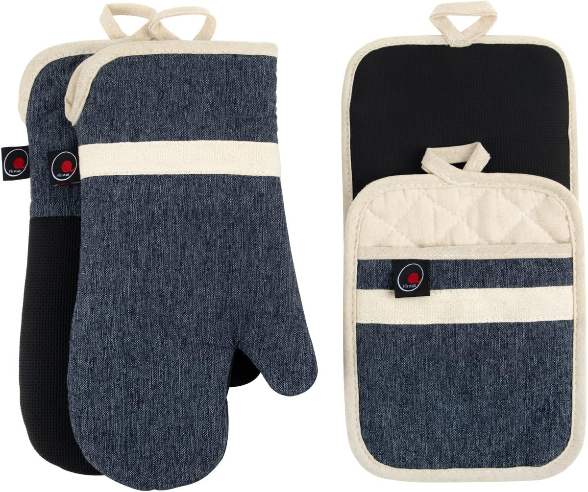 Oven Mitts and PotHolders Sets, 4 Pcs Kitchen Oven Glove High Heat Resistant 400°F Pot Holders for Kitchen, Non-Slip Neoprene Oven Mitts are Suitable for Cooking, Baking (Black)