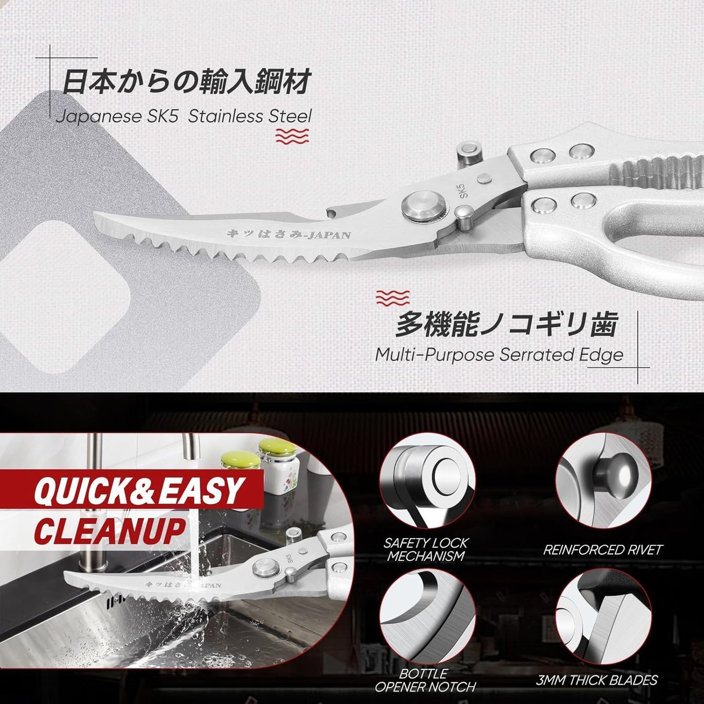 TIVOLI Kitchen Scissors Set Silver,Japanese Stainless Steel Kitchen Shears for Food, Heavy Duty Poultry Shears, Food Scissors for Meat,Chicken Bones and Turkey,Ideal Gift