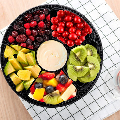 Lawei 30 Pack Plastic Appetizer Trays with Clear Lid, Round Stackable Serving Party Trays, 12 in Banquet Catering Fruit Vegetable Tray, Reusable 6 Divided Food Snack Dip Platter for Outdoor Buffet