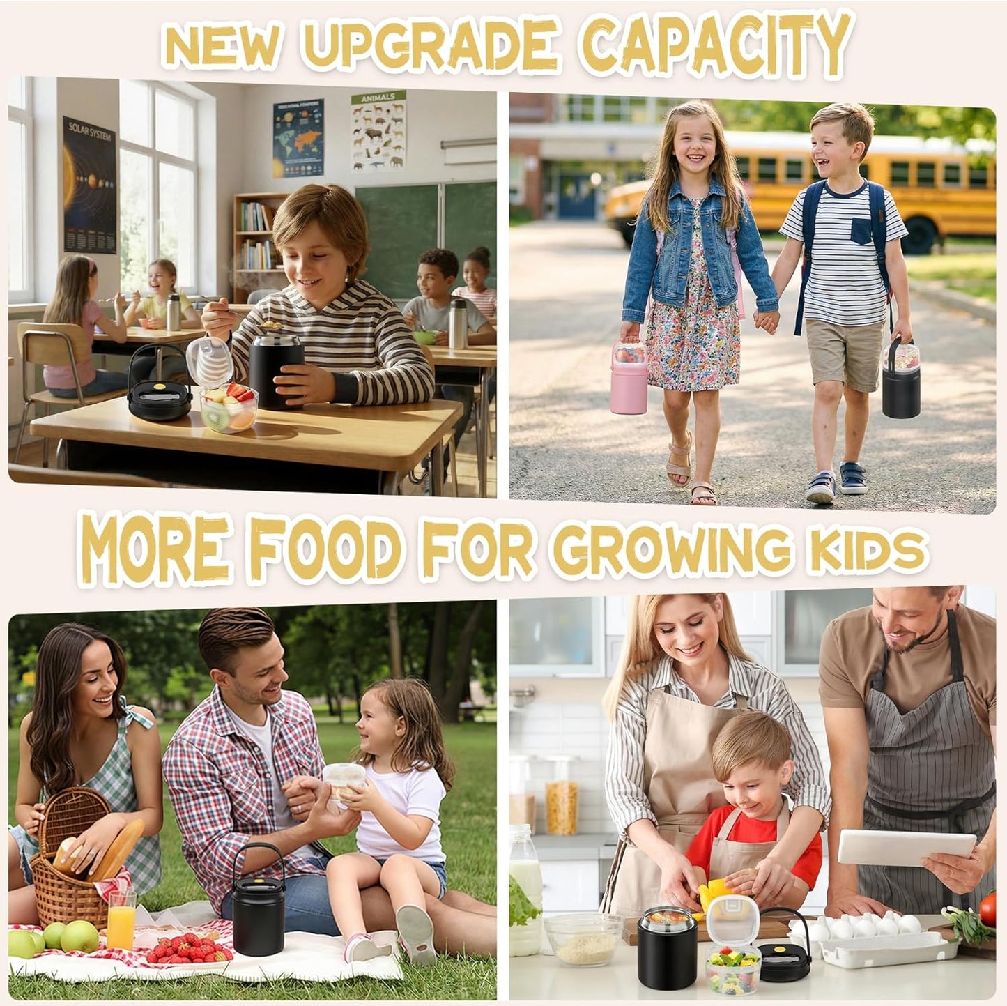 2 - in - 1 Soup Thermo for Hot Food 14oz with Snack Box Container Leak Proof Insulated Lunch Container Kids and Adults Stainless Steel Double Wall Vacuum Wide-mouth Thermal with Spoon and Handle