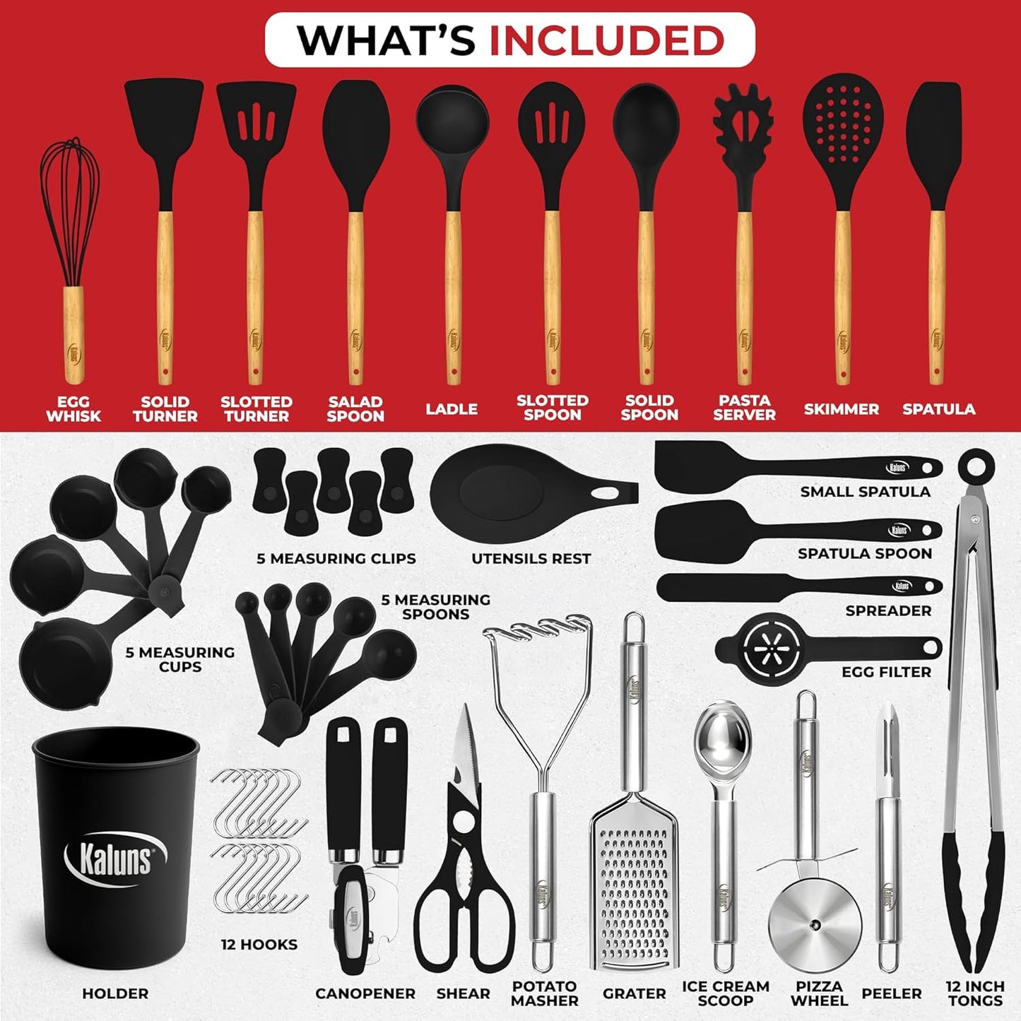 Kaluns 50 PCS Silicone Kitchen Utensils Set Complete Kitchen Set - 800°F Heat Resistant Non-Stick Premium Silicone Cooking Utensils W Wooden Handles - Can Opener, Masher, Turner, Silicone Spatula Set