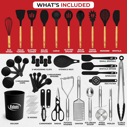 Kaluns 50 PCS Silicone Kitchen Utensils Set Complete Kitchen Set - 800°F Heat Resistant Non-Stick Premium Silicone Cooking Utensils W Wooden Handles - Can Opener, Masher, Turner, Silicone Spatula Set