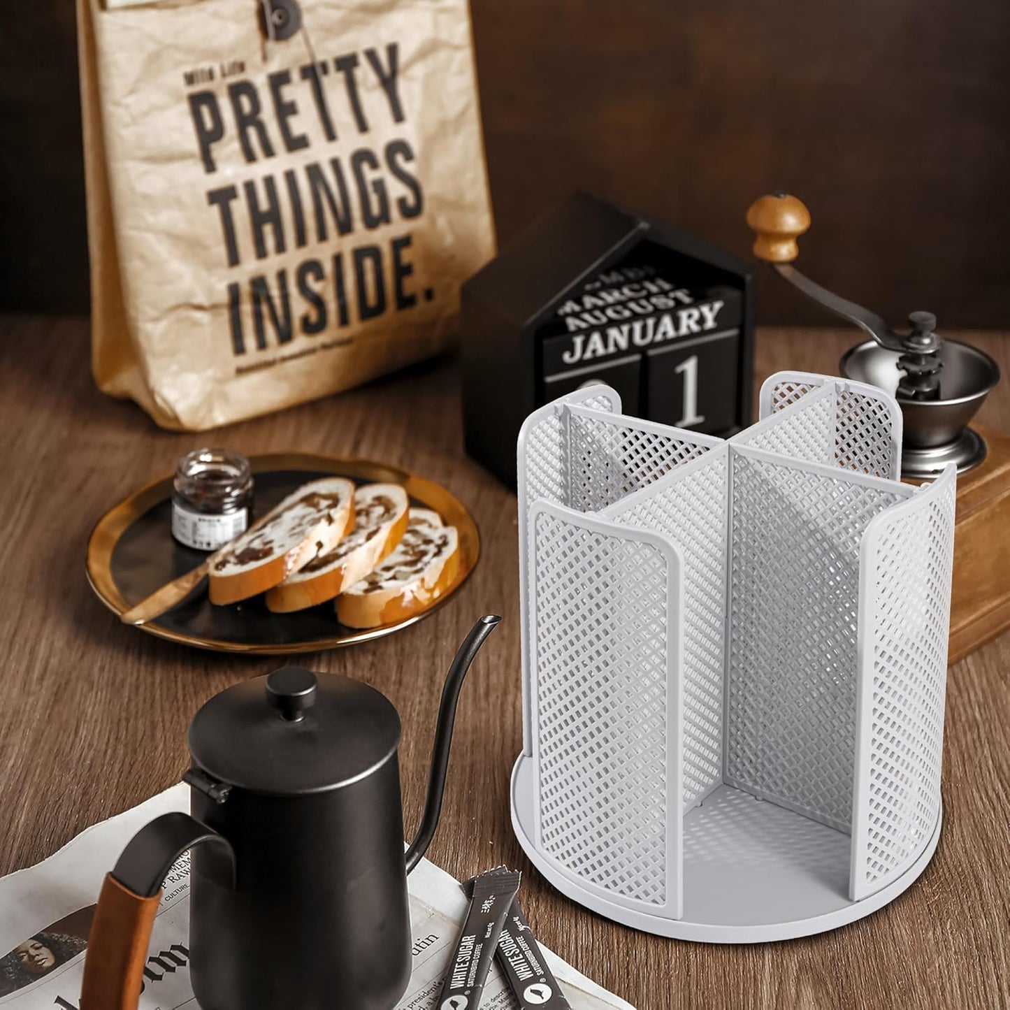 Rotating Paper Cup Dispenser with 4 Compartments, Disposable Coffee Cup Storage & Lid Holder for Countertops, Kitchen, Coffee Stations (White)