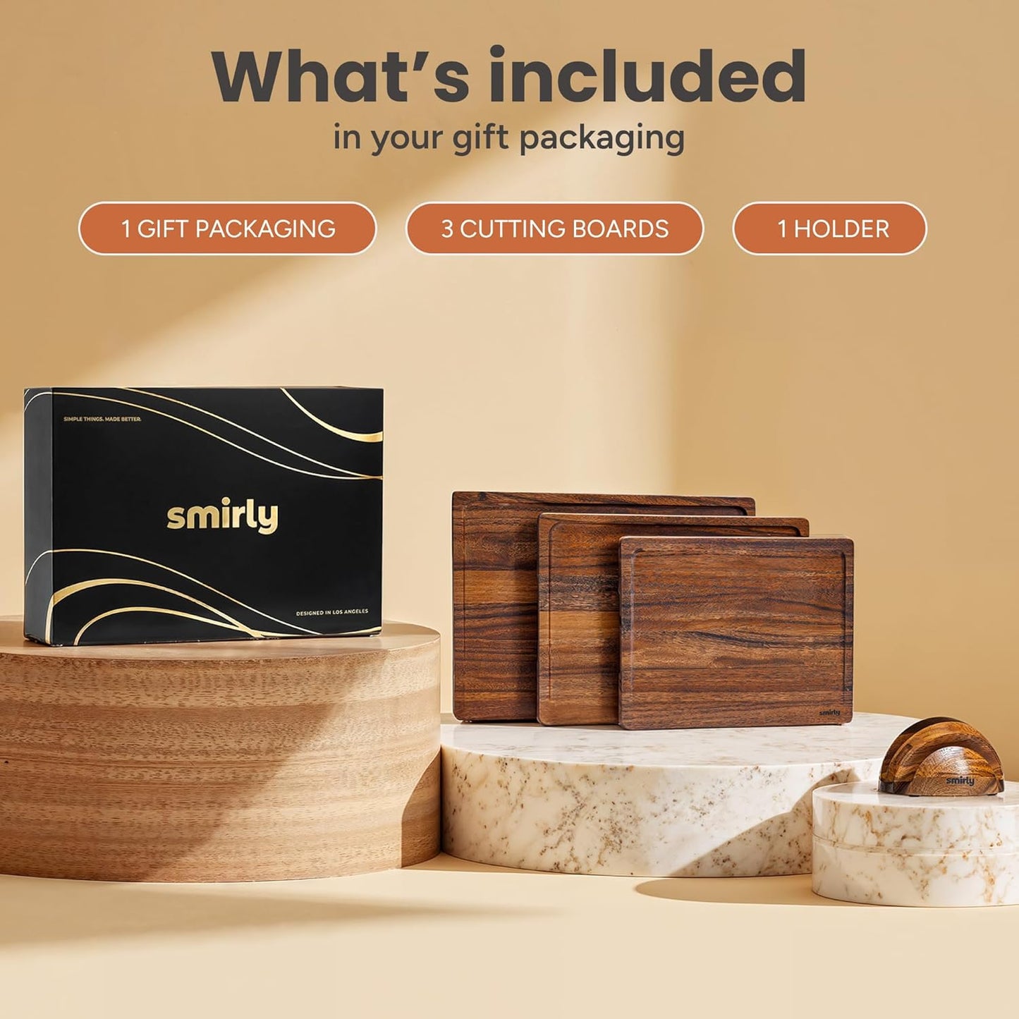 SMIRLY Walnut Cutting Board for Kitchen - Wood Cutting Boards with Handle and Juice Groove for Meal Prep, Serving, Charcuterie - Kitchen Gadgets - Non Toxic Wooden Chopping Board Set of 3 with Holder
