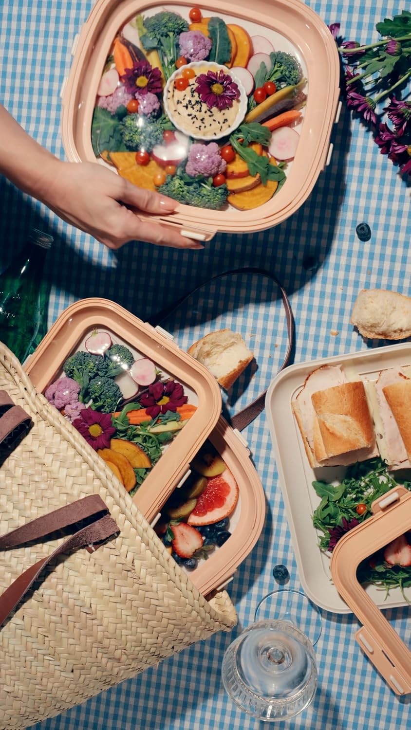 Crudités | Portable Snack Tray | Rectangle 2-Pack | Cream White | Reversible Stretch Lid Food Containers | BPA-Free, Freezer & Dishwasher Safe | Meal-Prep, Charcuterie, Salads, Picnic, Travel