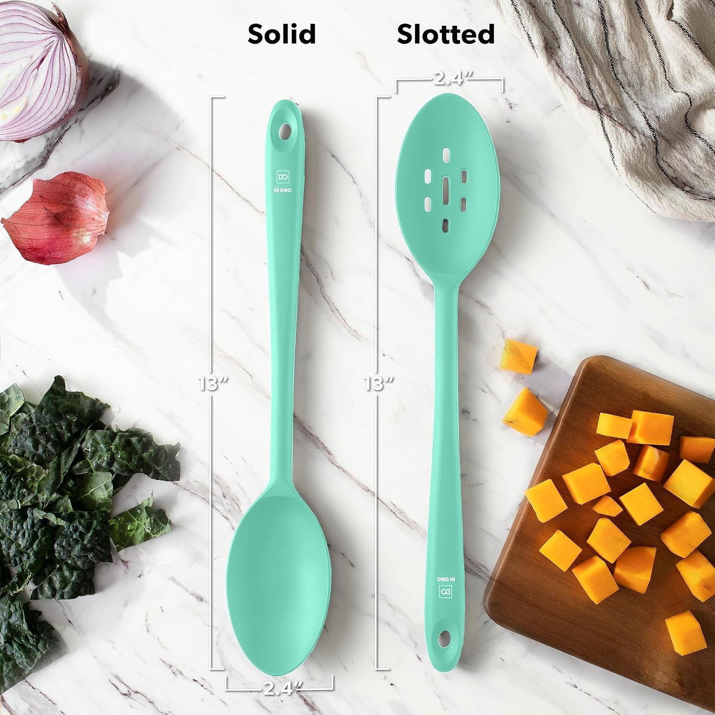 DI ORO Silicone Spoons for Cooking - Large Kitchen Spoons for Mixing, Serving, & Stirring - 600°F Heat-Resistant Non Stick Utensils – Big Solid & Slotted - Dishwasher Safe (2pc, Black)