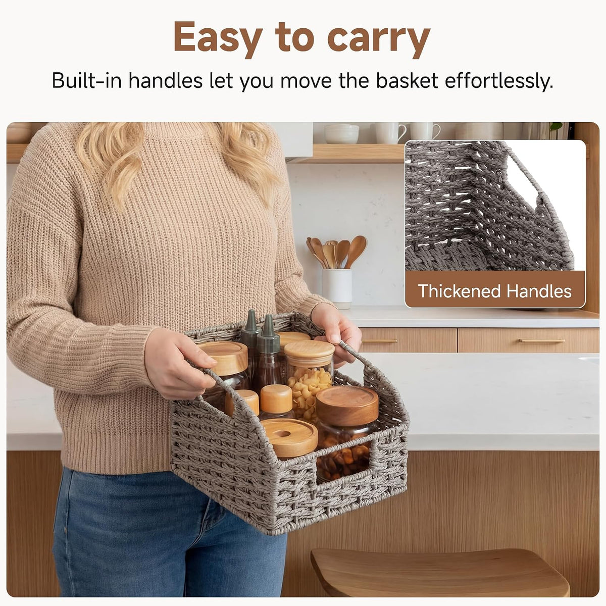 StorageWorks Water Hyacinth Pantry Storage Baskets, Wicker Baskets with Built-in Handles, Handwoven Shelf Baskets for Organizing, Pantry Organizers and Storage, 3 Pack