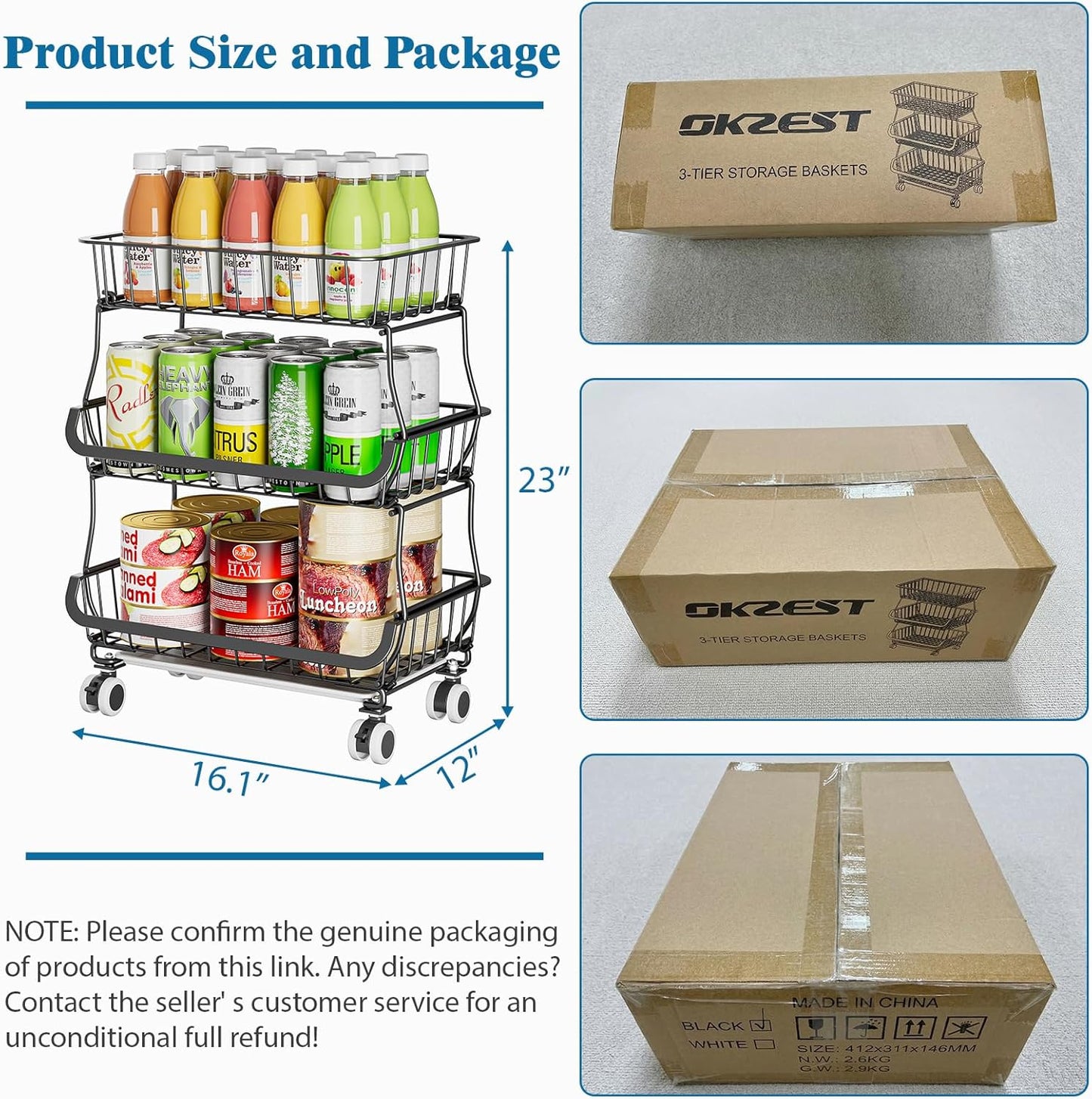OKZEST 3-Tier Rolling Pantry Floor Organizer and Storage Cart with Wheels, Stackable Wire Pantry Baskets for Pantry Shelves, Kitchen Storage Rack and Fruit Basket Stand for Fruit Snack Onion Potato
