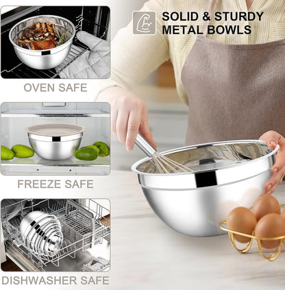 E-far Stainless Steel Mixing Bowls with Lids Set, 5-Piece Nesting Salad Bowls with 3 Grater Attachments and Non-Slip Bottoms, Size 4.6, 2.6, 2, 1.5, 1QT for Kitchen (Khaki)