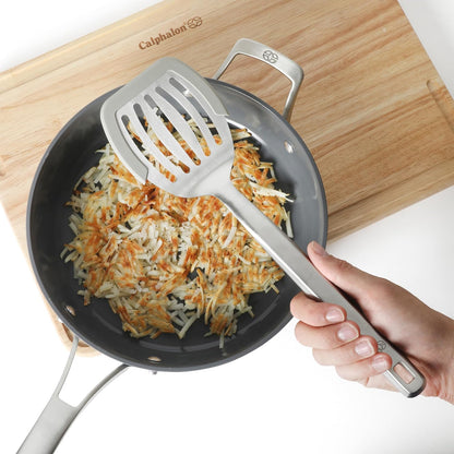 Calphalon Slotted Turner, Kitchen Flipping Spatula, Slotted Spatula, Stainless Steel Turner with Silicone Heat Resistance Handle, Nonstick-Safe Spatula for Draining and Flipping (Navy)