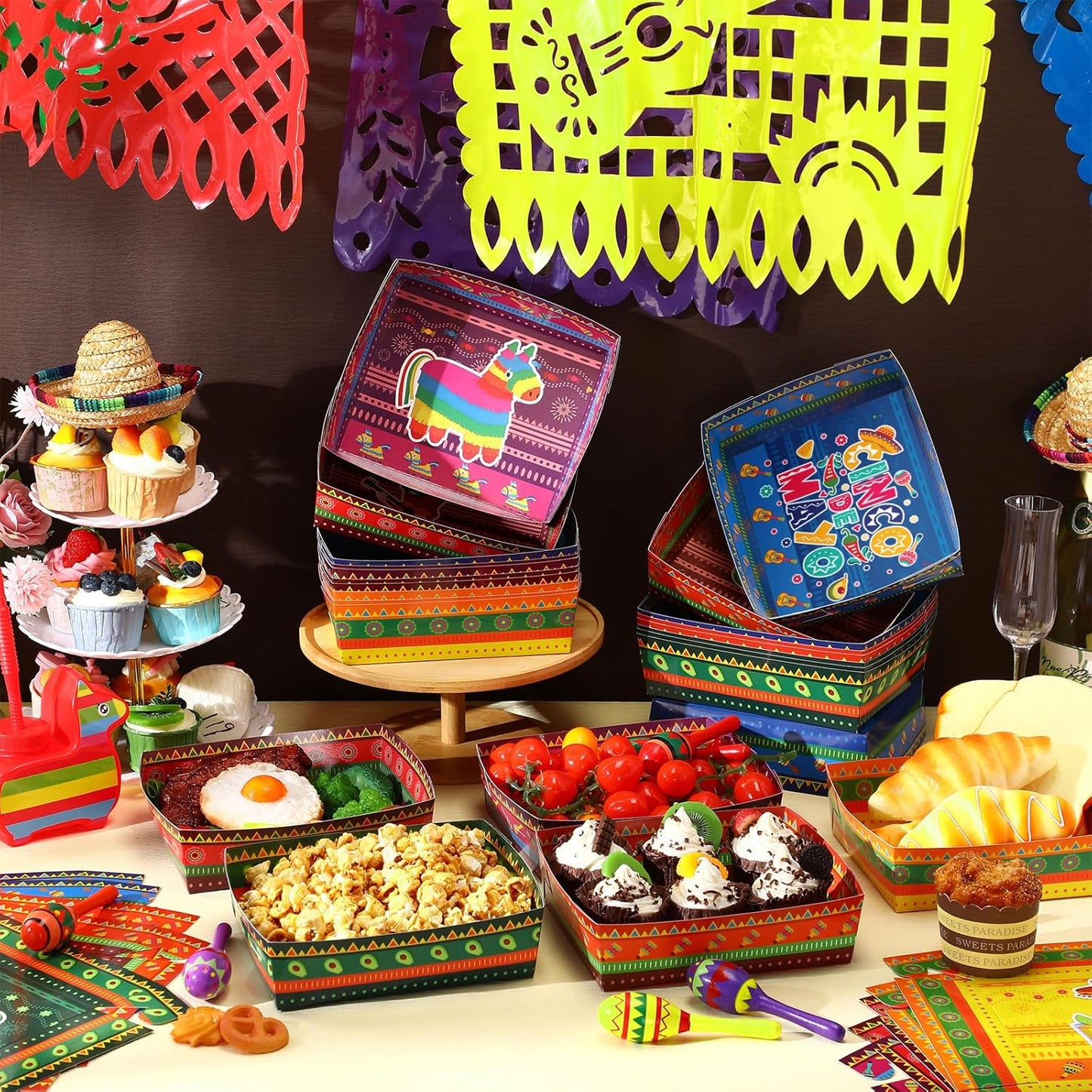 Harloon 36 Pack Mexican Nacho Trays 5 lb Extra Large Mexican Paper Food Trays Fiesta Disposable Cardboard Serving Boats for Cinco De Mayo Taco Fries Snacks Birthday Party Supplies(Floral)