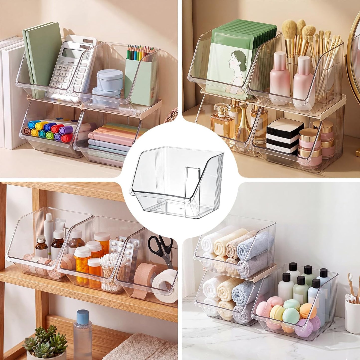 4 Pcs Clear Plastic Storage Bins Stackable Pantry Storage Organizer Kitchen Cabinet Organizers Ideal Containers for Tea Sugar Bag Coffee Pod Office Fridge Caddy