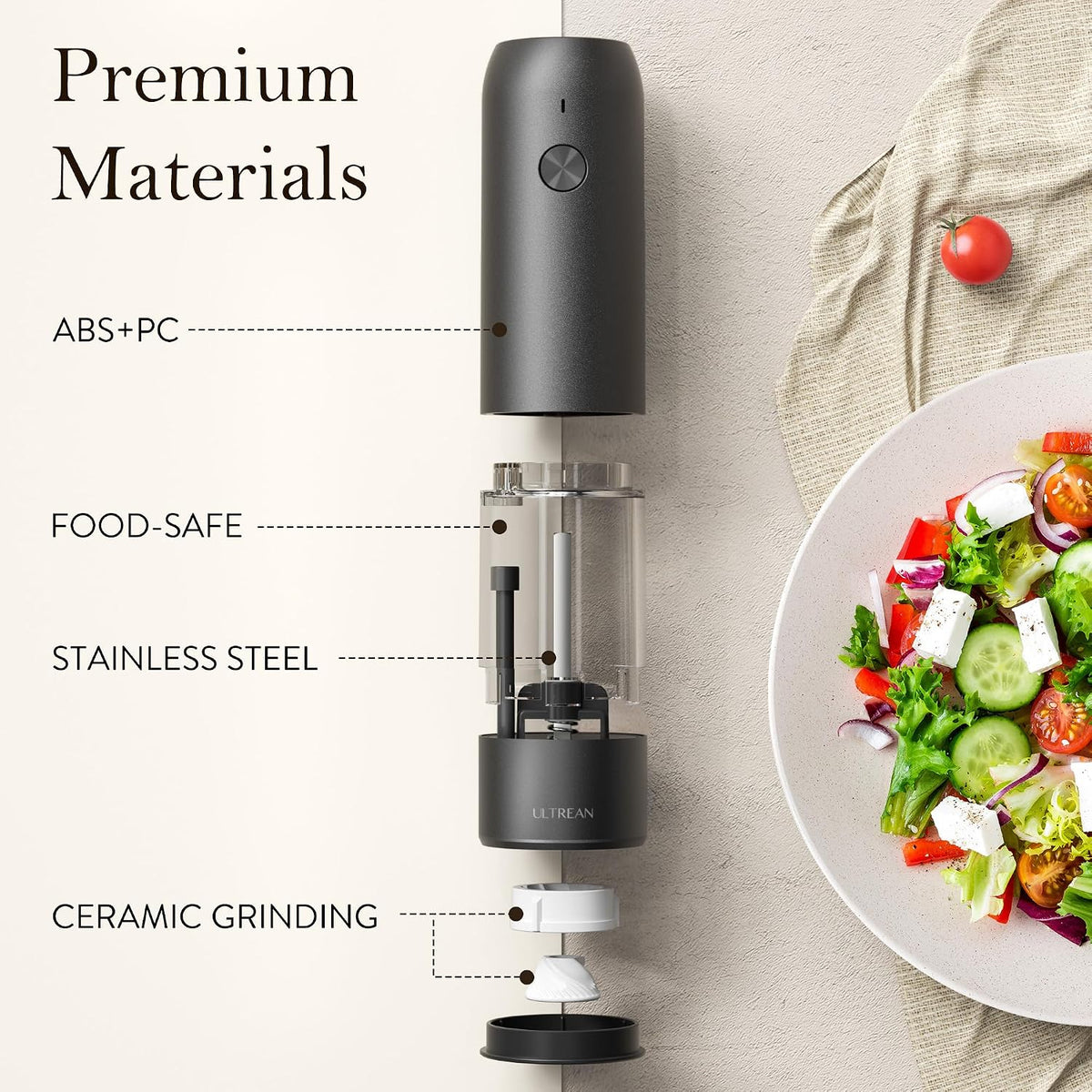 Ultrean Electric Salt and Pepper Grinder Set, Rechargeable,Matte Black