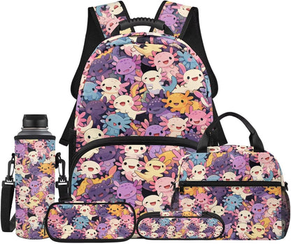 Cute Capybara Pizza Backpack for Girls, 5 Pcs Boys School Bag Set for Kids, 17 Inch Backpacks Lunch Pencil Box Reusable Utensils Case Set for Middle Elementary School, 3rd Grade Backpack