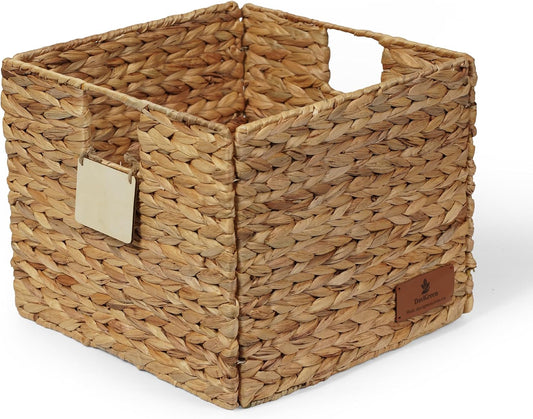 Storage Baskets for Shelves Set of 3, Open-Top Wicker Storage Bins with Handles, Shelf Organizer Baskets for Pantry, Closet & Bathroom, Water Hyacinth Baskets with Tissue Box Cover