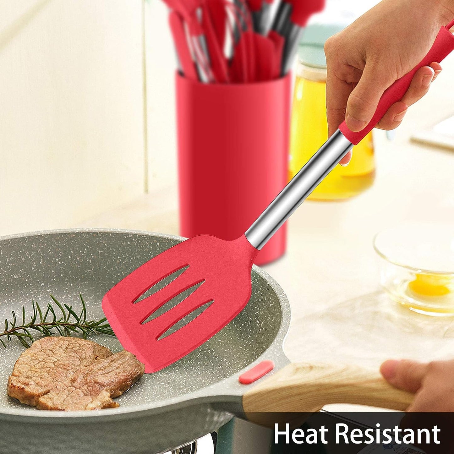 LIANYU 15 Pcs Kitchen Cooking Utensils Set with Holder, Silicone Kitchen Tools with Stainless Steel Handle, Heat Resistant Gadgets, Brush Spatula Spoon Whisk for Cookware, Dishwasher Safe, Khaki